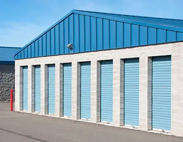 A row of blue and white storage units.