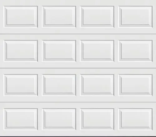 A white garage door with many panels on it.