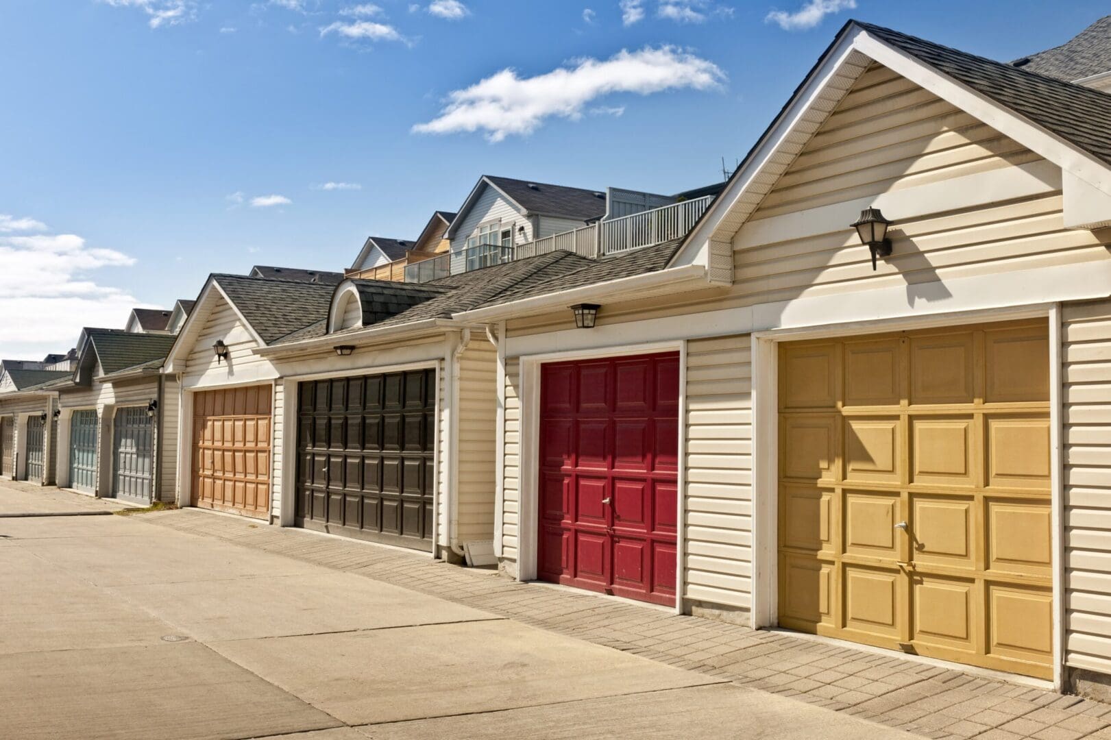 rows of garage doors in different colors