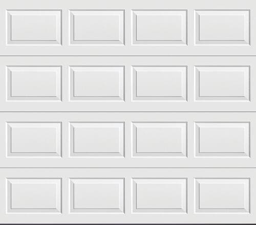 A white garage door with many panels on it.