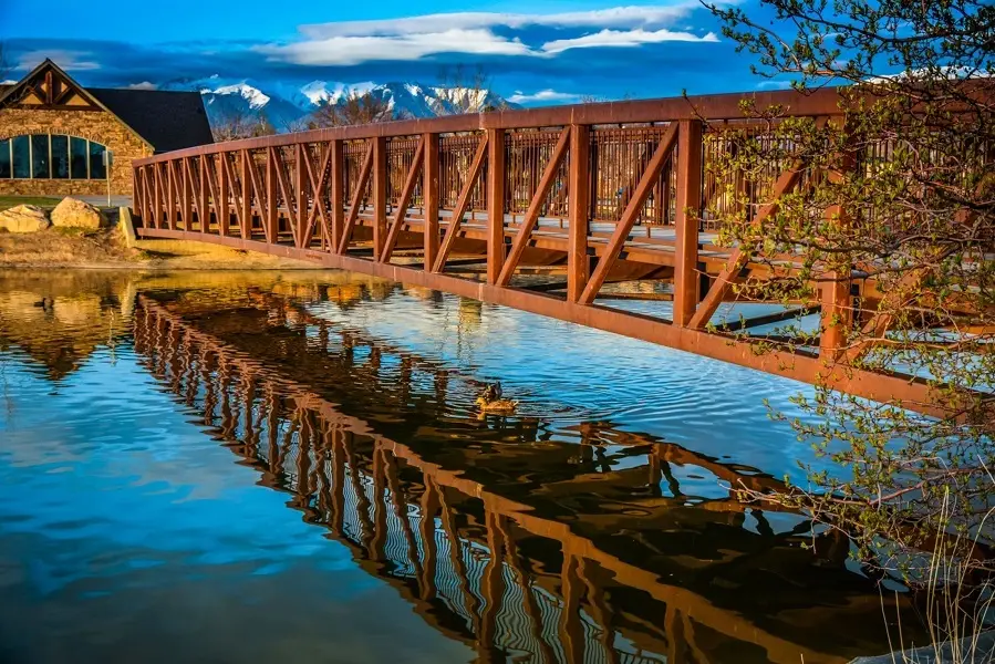 A bridge over water with trees in the background.